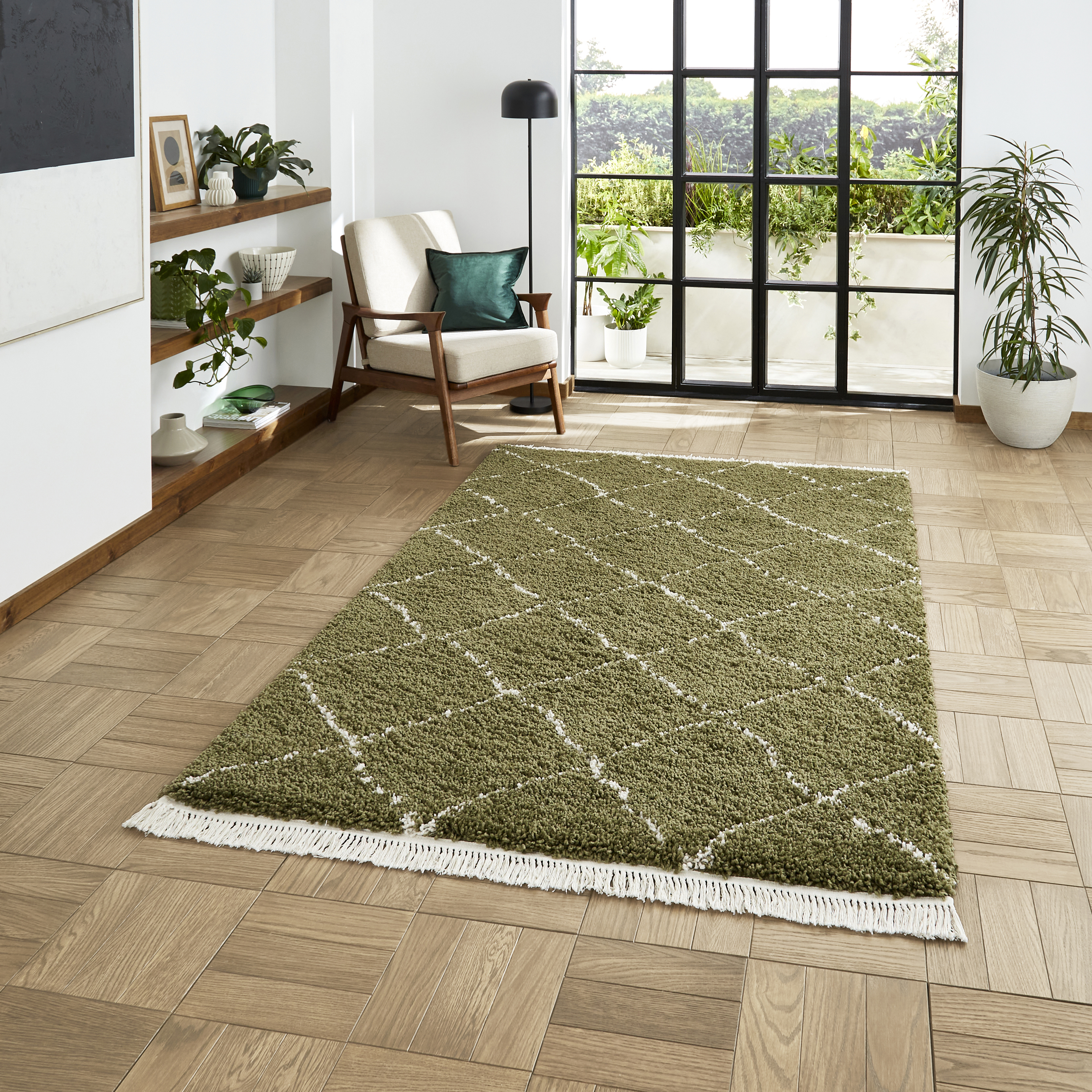 Boho 5413 Berber Shaggy Modern Rugs In Green